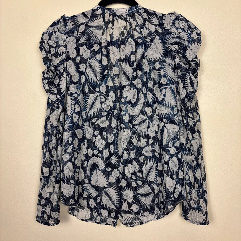 ULLA JOHNSON Adina Long Sleeve Button-Down Blouse Indigo Blue Gold Women‎ Size 0